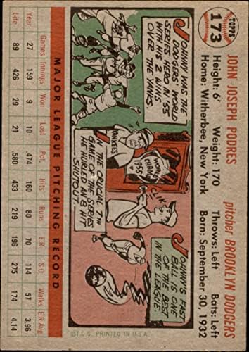 1956 Topps 173 GRY Johnny Podres Brooklyn Dodgers (Beyzbol Kartı) (Gri Arka) ESKİ Dodgers