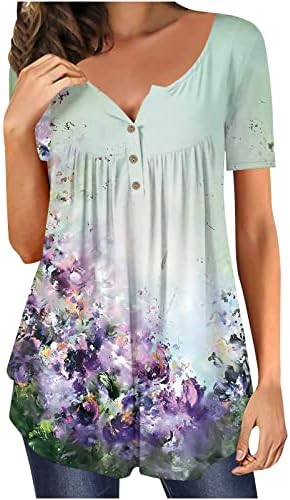 lcepcy Gizlemek Göbek Tunik Kadınlar için Kısa Kollu Baskı V Boyun Henley Tshirt 2023 Yaz Sevimli Şık Bluzlar