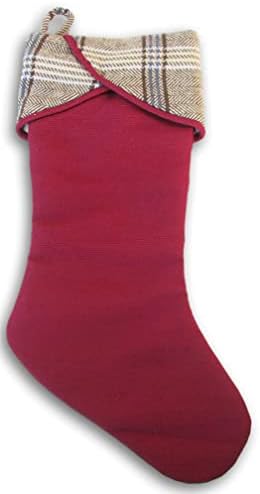 Doğal Ekose Manşetli Bordo Noel Çorabı-Rustik Klasik Tasarım - 19 inç x 9,5 inç
