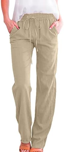 Pamuk Keten Pantolon Kadınlar için Rahat yazlık pantolonlar Cepler ile Baggy İpli Saf Sıkı Yüksek Bel Rahat plaj pantolonları