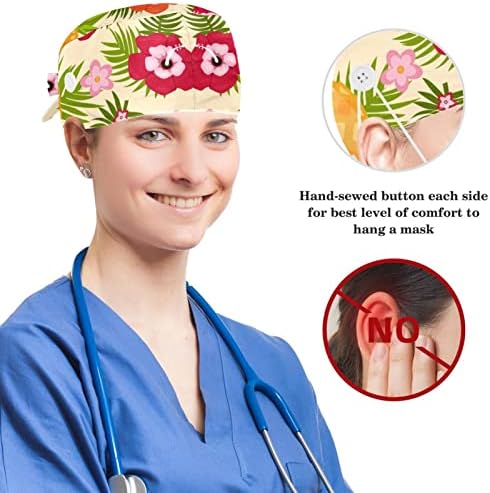 Hemşire Fırçalama Kapaklar Uzun Saç, Çiçekler Ananas Ayarlanabilir Çalışma Kapağı Düğmeleri ve Yay Saç Scrunchie