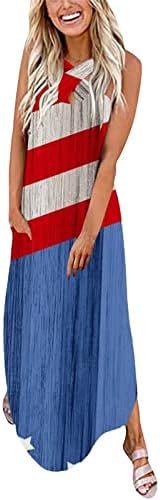Bağımsızlık Günü Elbiseler Kadınlar için Çapraz Sapanlar Kolsuz ABD Bayrağı Baskı Maxi Elbise Bölünmüş Rahat Yaz Plaj
