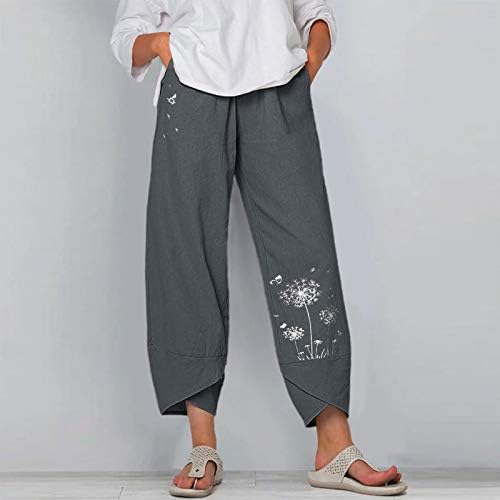 Kadın Geniş Bacak Pamuk Keten Pantolon Yaz Karahindiba Baskı Kırpılmış Pantolon Elastik Bel Hafif Rahat Rahat pantolon