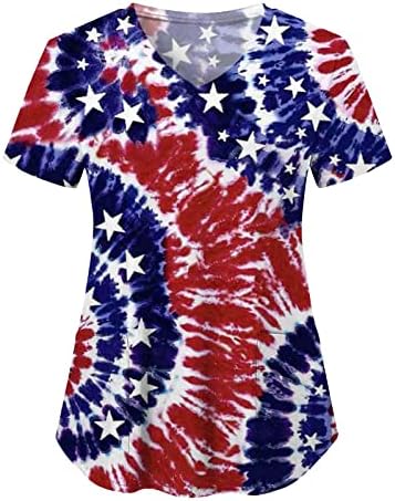 4th Temmuz T-Shirt Kadınlar için Abd Bayrağı Yaz Kısa Kollu V Boyun T-Shirt 2 Cepler Bluz Üst Tatil Rahat İş Giysisi