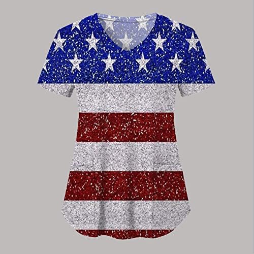 4th Temmuz Gömlek Kadınlar için Amerikan Bayrağı Yaz Kısa Kollu V Boyun T-Shirt 2 Cepler Bluzlar Tatil Rahat İş Giysisi