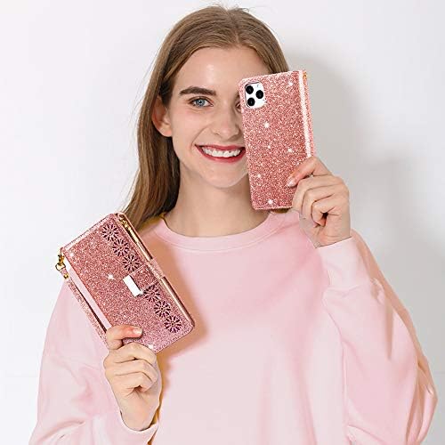 iPhone 13 Telefon Kılıfı Cüzdan, Kudex Sparkly Bling Glitter Girly Folio Deri Tam Vücut Koruma Fermuarlı Cebi Mıknatıs