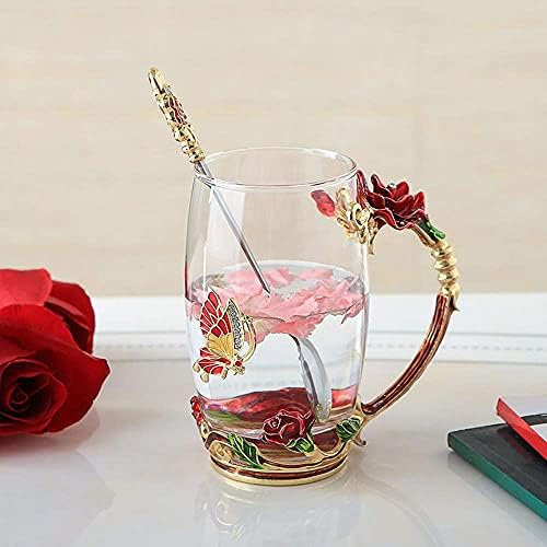 Cam çay bardağı Kahve Kupa, El Sanatları 3D Vintage Çiçek kapaklı bardak Coaster ve çay kaşığı, Benzersiz Kelebek