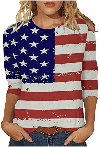 Bayanlar Crewneck Bluzlar Casual Bluzlar Tişörtleri 3/4 Kollu ABD Bayrağı Yıldız Baskı Çizgili Sonbahar Yaz Bluzlar