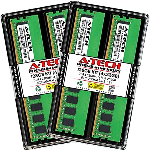 A-Tech Sunucu 128GB Kiti (4 x 32GB) 2Rx8 PC4-25600 DDR4 3200MHz ECC Tamponsuz UDIMM 288-Pin Çift Sıralı DIMM 1.2 V