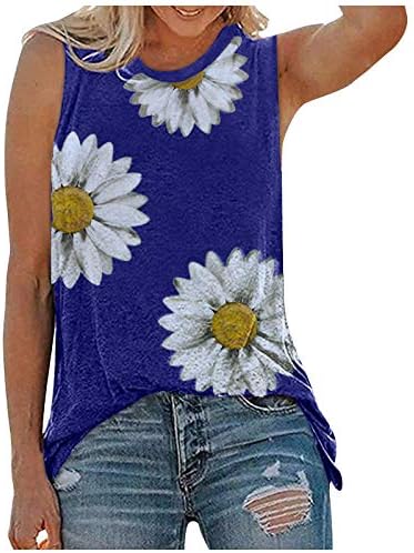Casual Çiçek Baskılı Tank Top Kadınlar için Artı Boyutu Gevşek Fit Kolsuz T Shirt Yaz Moda Crewneck Bluz