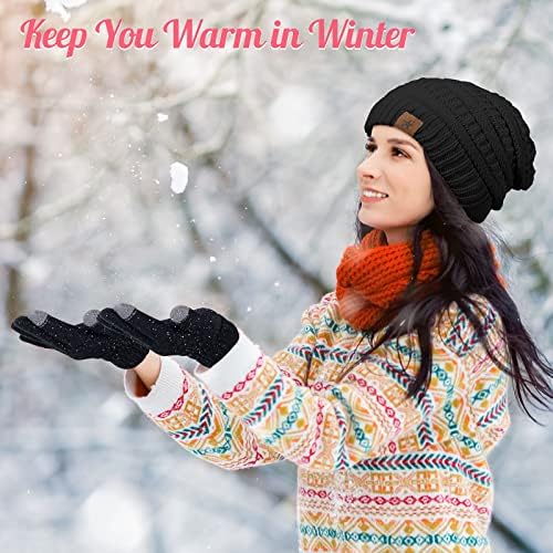 4 Adet Kış Eldiven ve şapka seti Kadın Kış Şapka Dokunmatik Eldiven Sıcak Örme Bere Şapka ve Eldiven Kadınlar için